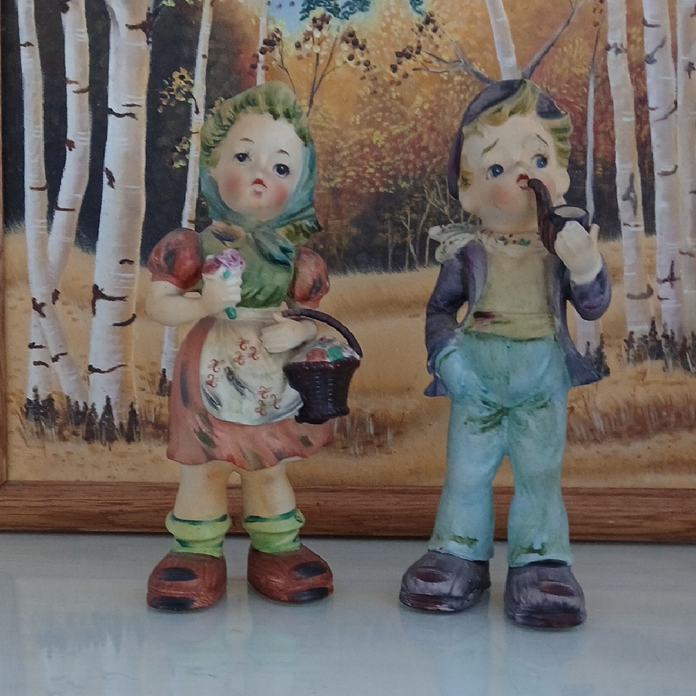 Vintage Girl With Flower Basket Boy With Pipe Bisque Figurines 8" Marked 2861